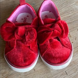 Red velvet shoes with velcro bow closure